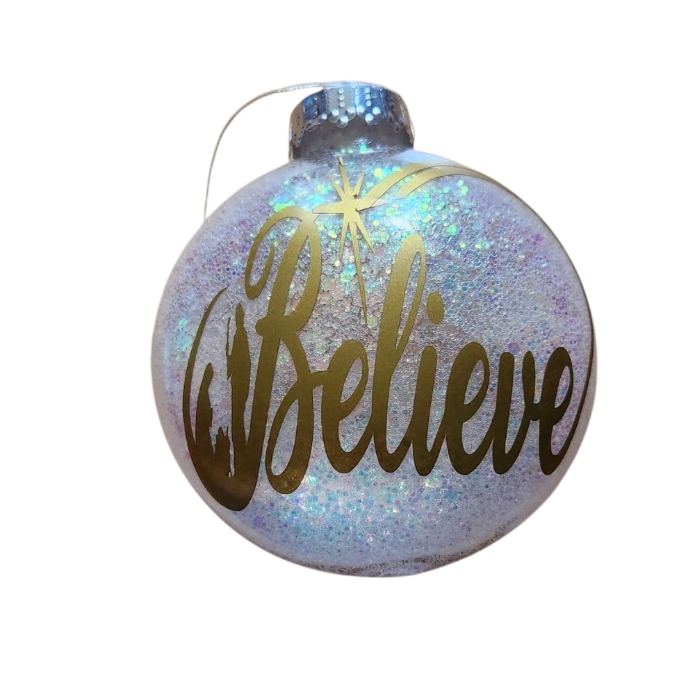 Nativity Scene Gold Believe Glitter Holiday Ornament